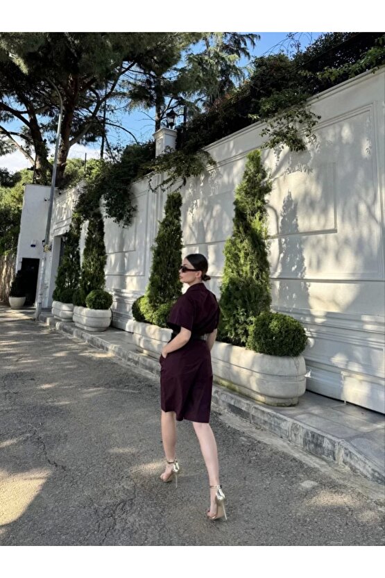 Kadın Yakalı Gömlek Kemerli Şortlu Takım - Bordo