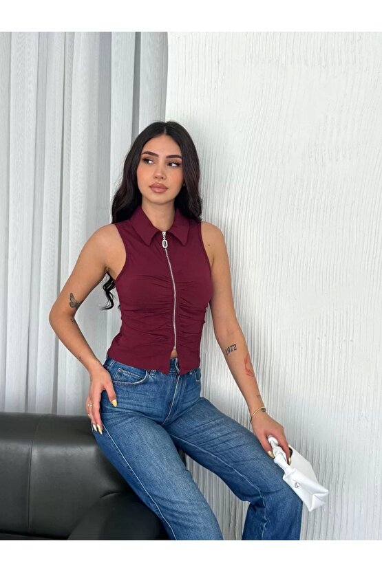 Yakalı Tam Fermuarlı Kolsuz Bluz - Bordo