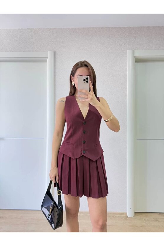 Keten Takım Görünümlü Düğme Detaylı Yelekli Mini Elbise - Bordo