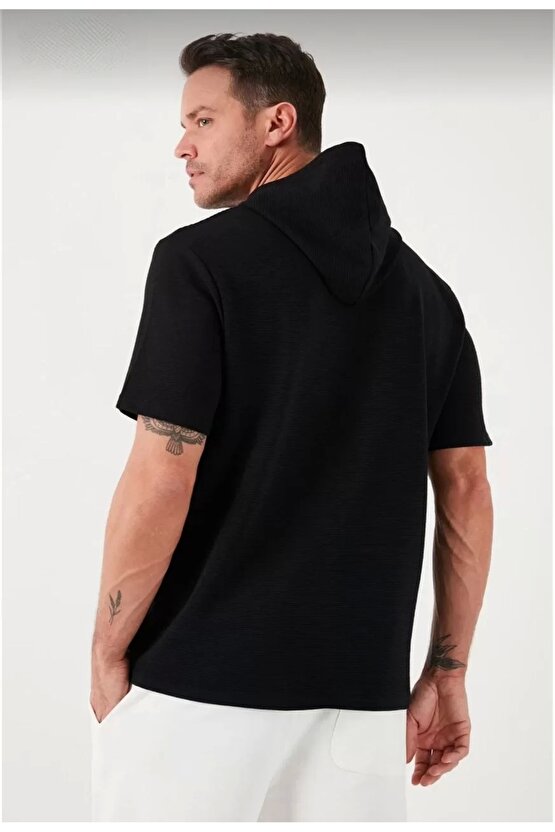 Unisex Kapşonlu Kısa Kol Düz Oversize T-shirt - Siyah