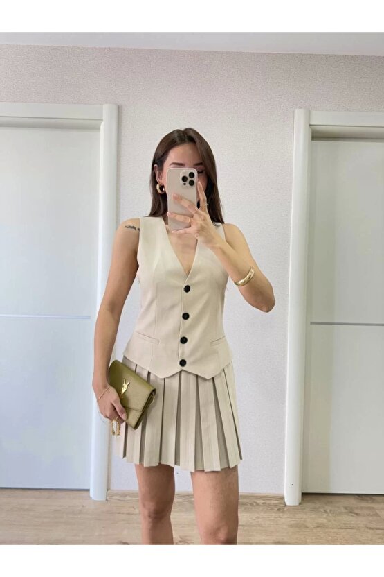 Keten Takım Görünümlü Düğme Detaylı Yelekli Mini Elbise - Bej