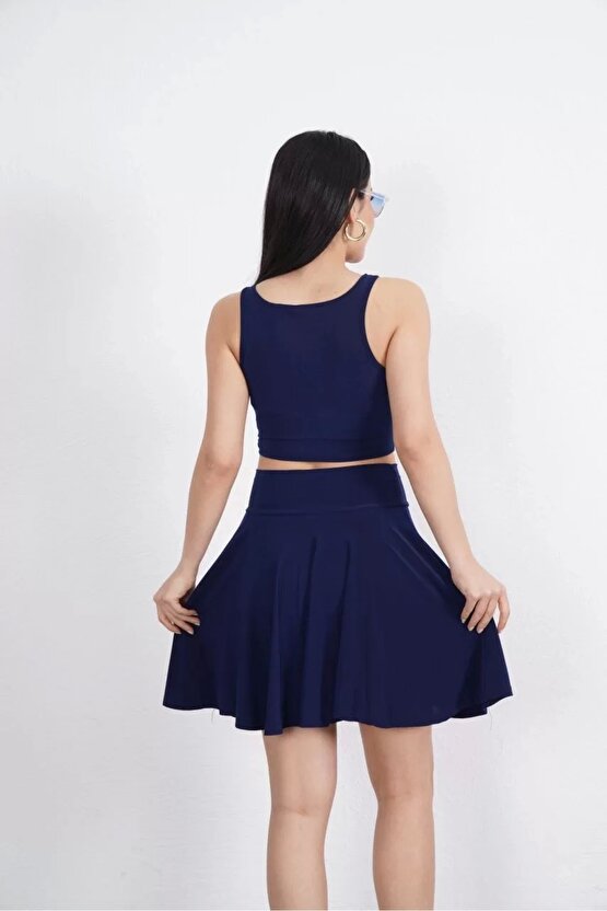 Sendy Kumaş Bisiklet Yaka Crop Şortlu Etek ikili Takım - Lacivert