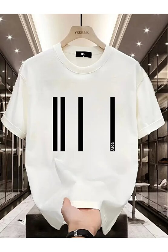 AICG Ön Arka Baskılı Bisiklet Yaka Kadın Oversize Bisiklet Yaka T-shirt - Beyaz