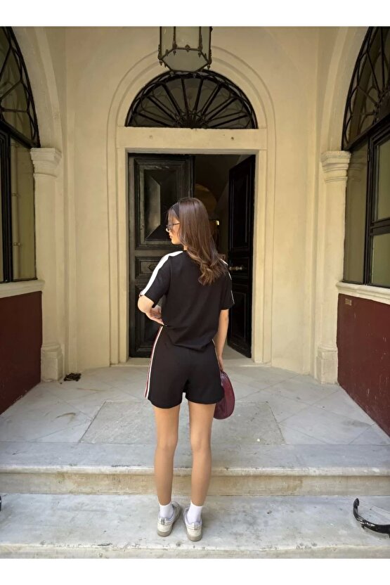 Osy Modal yumuşak dokulu Kumaş Kadın Parçalı Bisiklet Yaka T-shirt Mini Şortlu Etek İkili Takım - Si