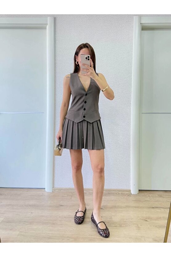 Keten Takım Görünümlü Düğme Detaylı Yelekli Mini Elbise - Bordo