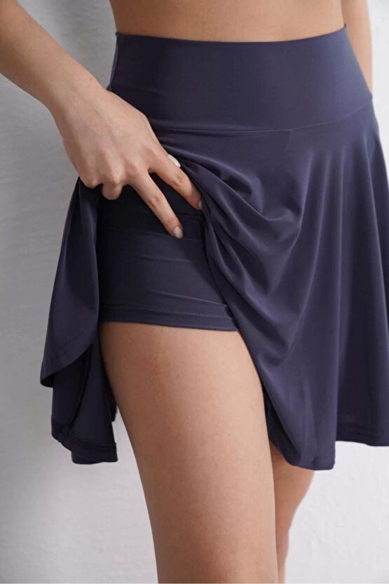 Sendy Kumaş Bisiklet Yaka Crop Şortlu Etek ikili Takım - Antrasit