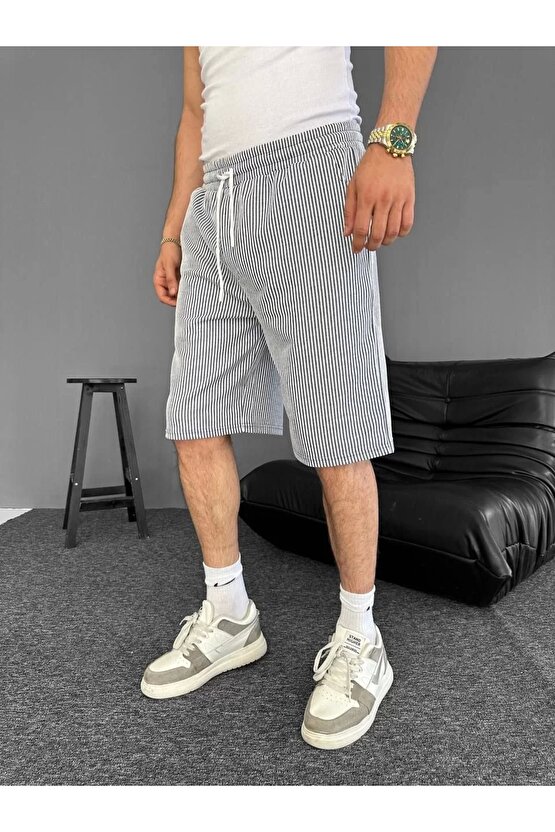 Su Yolu Çizgili Ön Arka Cepli Şort Yazlık Nefes Alabilir - Gri