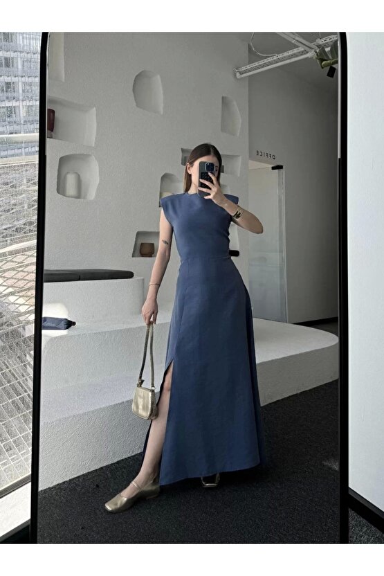 Keten Yandan Yırtmaçlı Uzun Elbise Sıfır Kol Elbise - Mavi