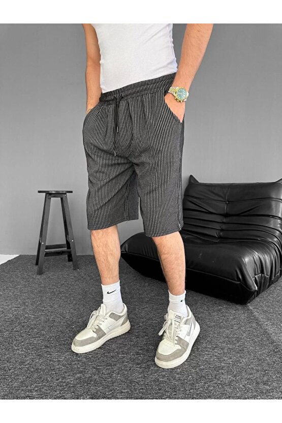 Su Yolu Çizgili Ön Arka Cepli Şort Yazlık Nefes Alabilir - Siyah