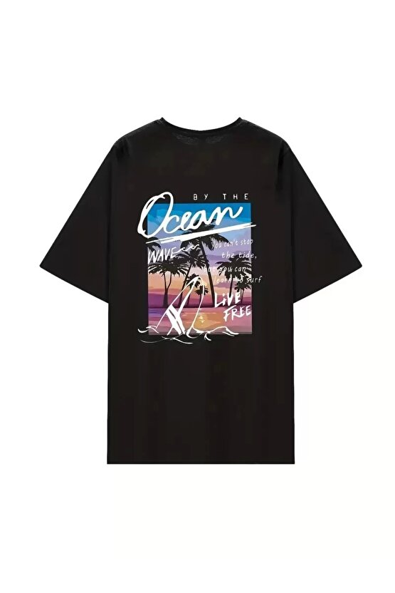 Kadınlar İçin Geniş Kesim Tişört - Kısa Kollu, Bol Kesim, Manzaralı Okyanus Baskı, Günlük Yazlık Üst