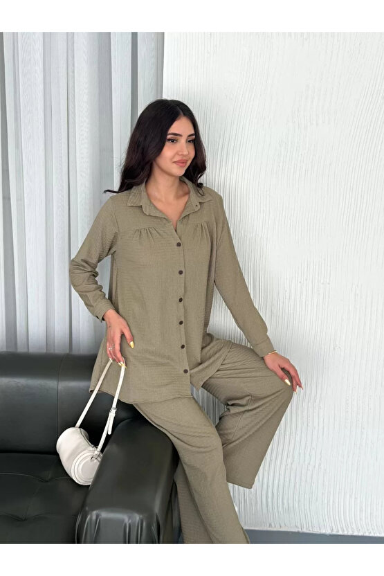 Yakalı Düğmeli Uzun Kollu Gömlek Pantolon ikili Takım - Bej