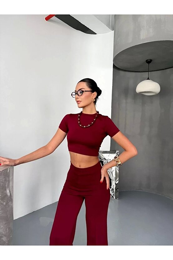 Osy Modal Yumuşak Dokulu Kumaş Kısa Kollu Crop Alt ispanyol Paça Pantalon ikili Takım - Bordo