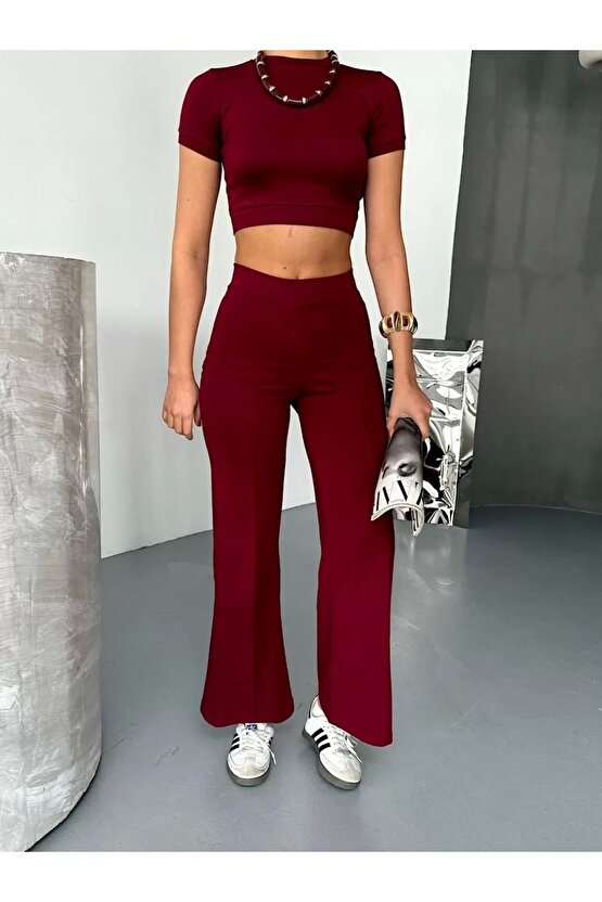 Osy Modal Yumuşak Dokulu Kumaş Kısa Kollu Crop Alt ispanyol Paça Pantalon ikili Takım - Bordo