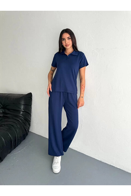 Osy Modal Yumuşak Dokulu Kumaş Kısa Kollu Yakalı T-shirt Pantalon ikili Takım- Lacivert