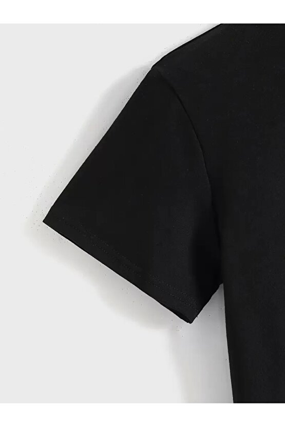 201 Penye Compack Baskılı Oversize Kısa Kol Bisiklet Yaka T-shirt - Siyah