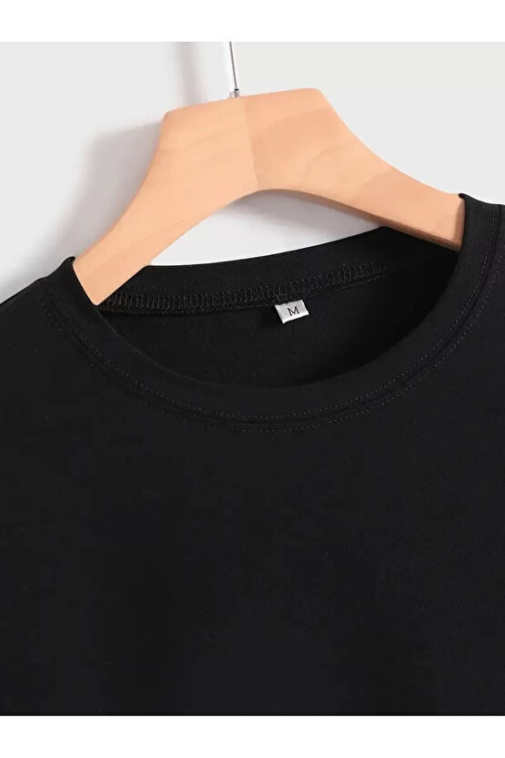 201 Penye Compack Baskılı Oversize Kısa Kol Bisiklet Yaka T-shirt - Siyah