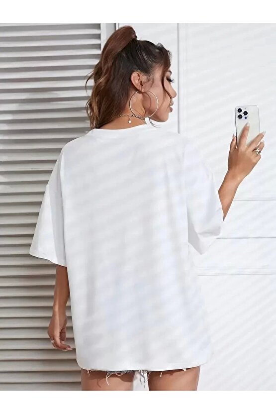 201 Penye CompackNew York Baskılı Oversize Kısa Kol Bisiklet Yaka T-shirt - Beyaz