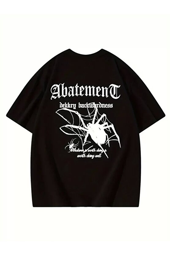 Örümcek Ağı Desenli Baskılı Oversize Bisiklet Yaka T-shirt - Siyah