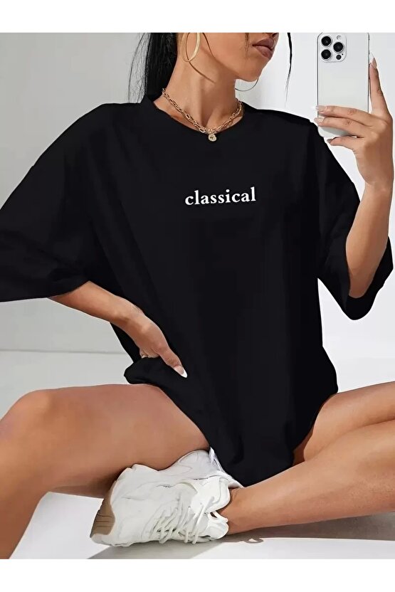 201 Penye Compack Classical Baskılı Siyah Oversize Tişort - Siyah