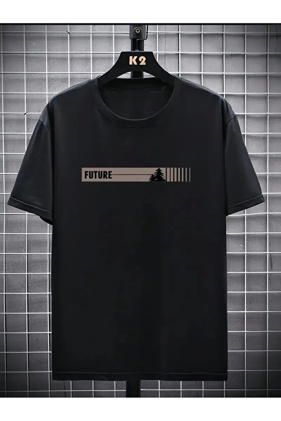 201 Penye Compack FUTRE Baskılı Oversize Kısa Kol Bisiklet Yaka T-shirt - Siyah