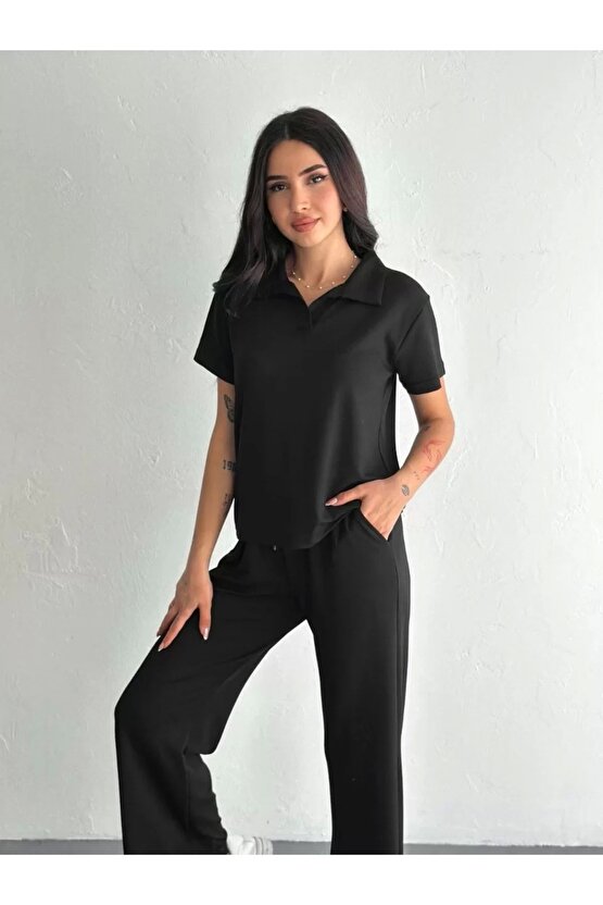 Osy Modal Yumuşak Dokulu Kumaş Kısa Kollu Yakalı T-shirt Pantalon ikili Takım- Siyah