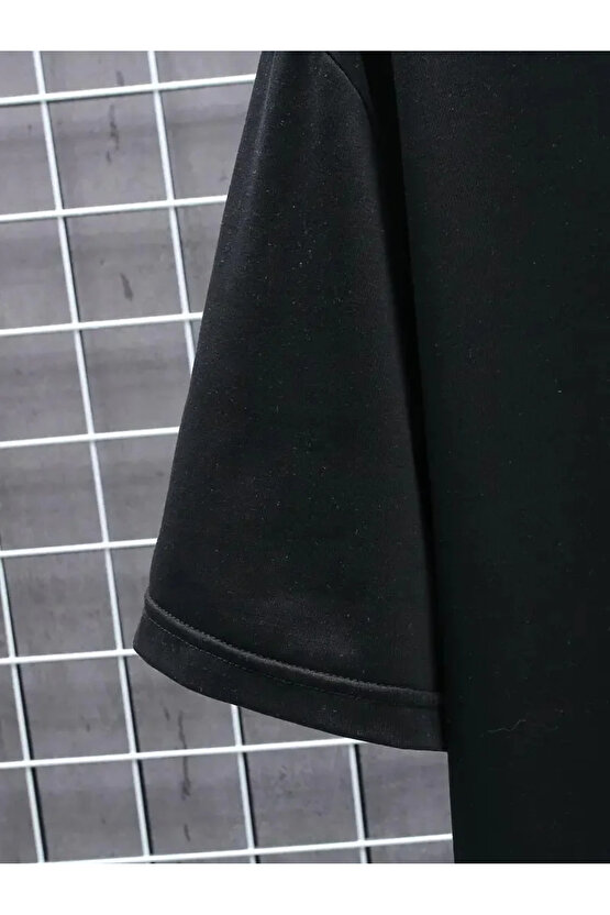 201 Penye Compack FUTRE Baskılı Oversize Kısa Kol Bisiklet Yaka T-shirt - Siyah