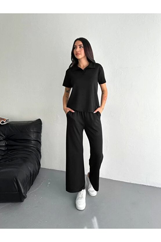 Osy Modal Yumuşak Dokulu Kumaş Kısa Kollu Yakalı T-shirt Pantalon ikili Takım- Siyah