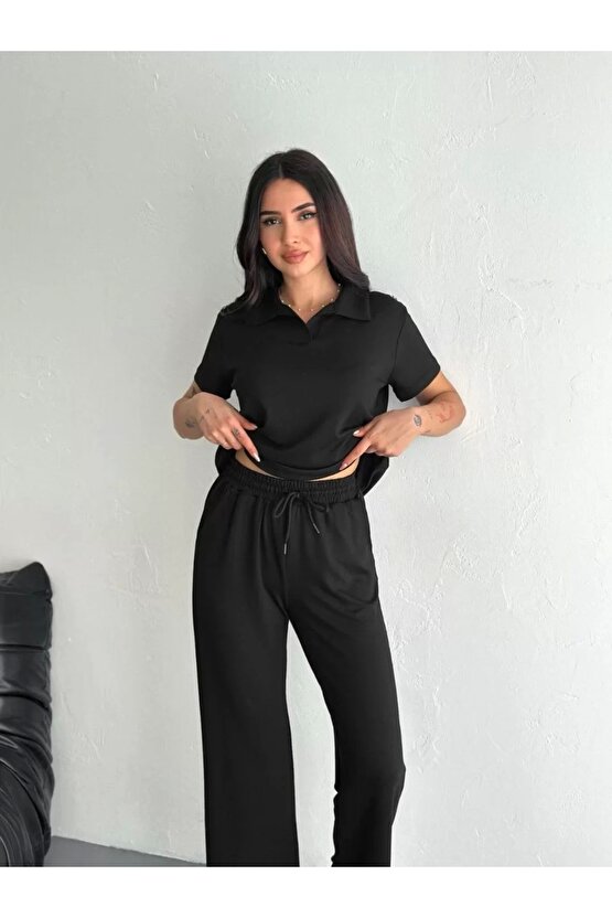 Osy Modal Yumuşak Dokulu Kumaş Kısa Kollu Yakalı T-shirt Pantalon ikili Takım- Siyah