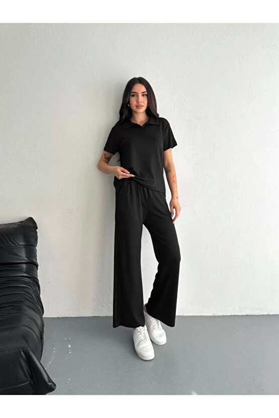 Osy Modal Yumuşak Dokulu Kumaş Kısa Kollu Yakalı T-shirt Pantalon ikili Takım- Siyah