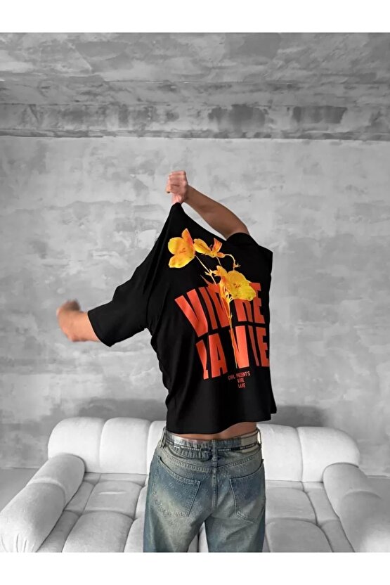 Ön ve Arka Baskılı Oversize Bisiklet Yaka T-shirt- Siyah