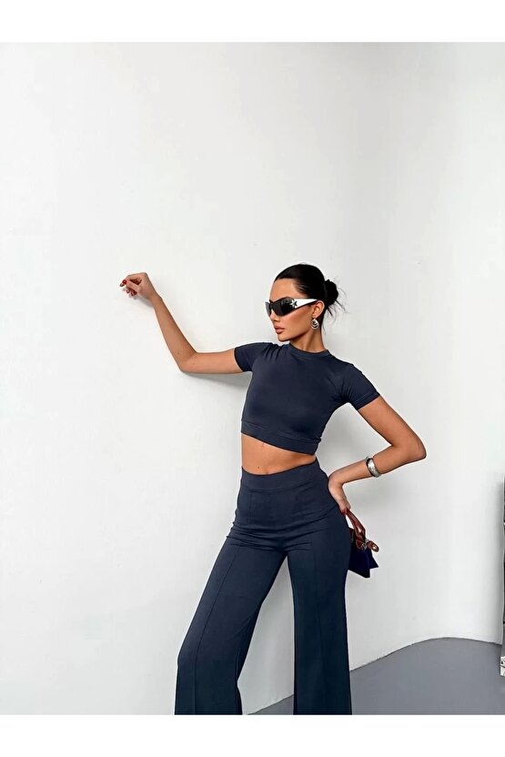 Osy Modal Yumuşak Dokulu Kumaş Kısa Kollu Crop Alt ispanyol Paça Pantalon ikili Takım - Füme