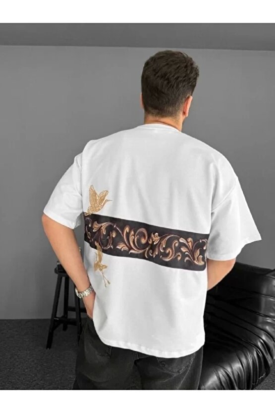 Ön ve Arka Baskılı Oversize Bisiklet Yaka T-shirt - Beyaz