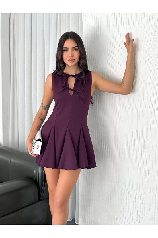 Göğüs Bağlamalı Kolsuz Mini Boy Elbise - Gül Kurusu