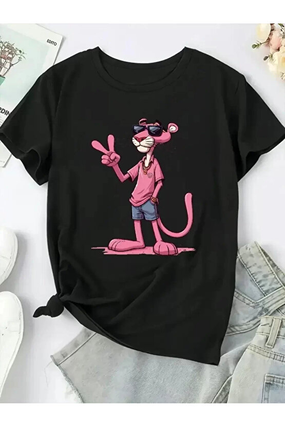201 Penye Compack Pembe Panter Baskılı Oversize Bisiklet Yaka Kısa Kol Yazlık T-shirt - Beyaz