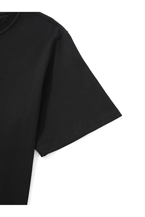 201 Penye Compack Palmiye Ön Baskılı Oversize Bisiklet Yaka Kısa Kol Yazlık T-shirt - Siyah