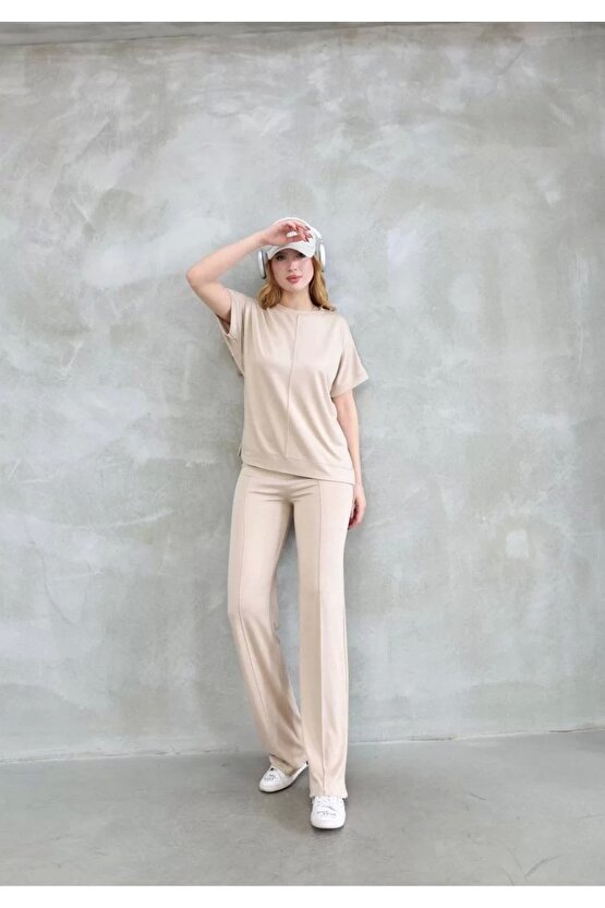 Osy Bej Yumuşak Dokulu Kumaş Bisiklet Yaka Kısa Kollu Kadın Alt Üst Takım