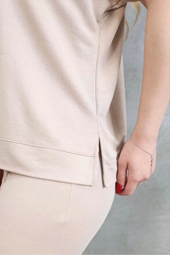 Osy Bej Yumuşak Dokulu Kumaş Bisiklet Yaka Kısa Kollu Kadın Alt Üst Takım