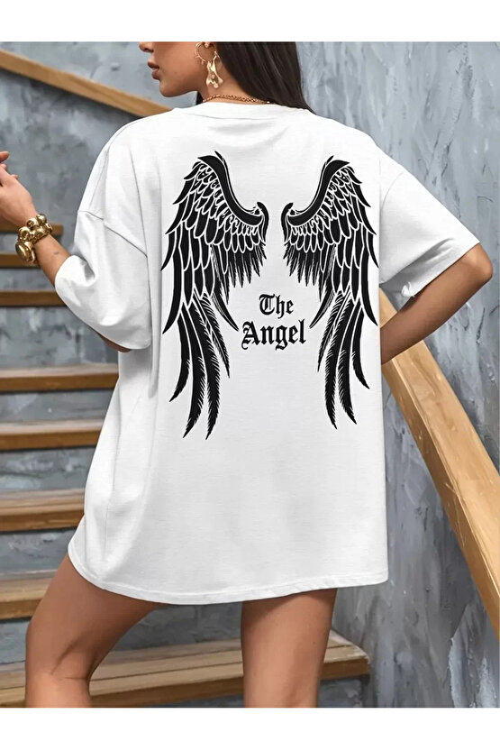 201 Penye Compack Dark Angel Baskılı Oversize Kısa Kol Yazlık T-shirt- Beyaz