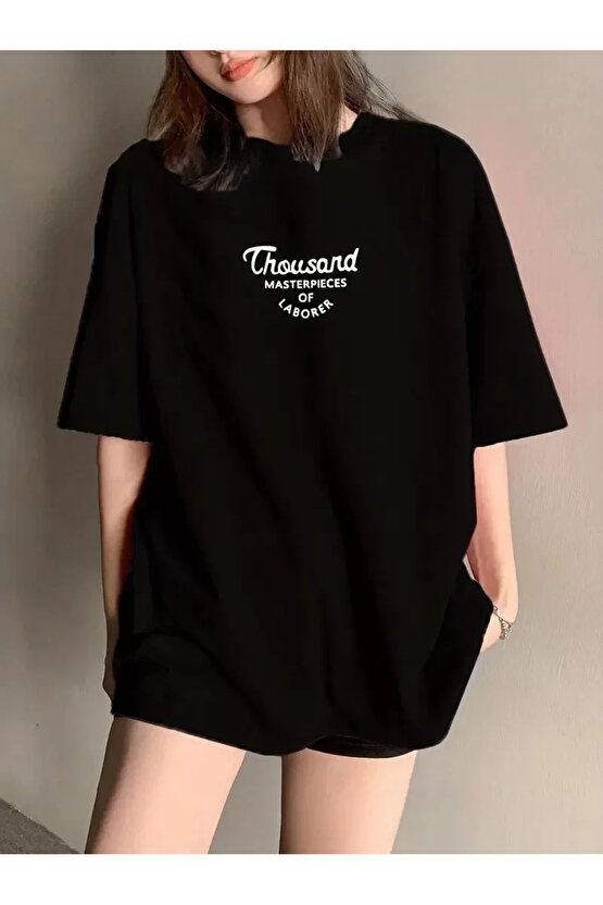 Thousand Ön Arka Baskılı Oversize Bisiklet Yaka T-shirt - Siyah