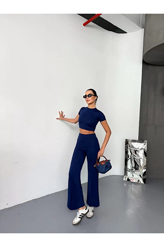 Osy Modal Yumuşak Dokulu Kumaş Kısa Kollu Crop Alt ispanyol Paça Pantalon ikili Takım - Lacivert