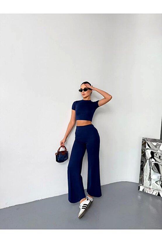 Osy Modal Yumuşak Dokulu Kumaş Kısa Kollu Crop Alt ispanyol Paça Pantalon ikili Takım - Lacivert