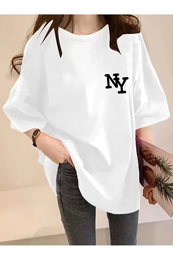 Kadın Eğlenceli Harf NY Baskılı Bisiklet Yaka Tişört - Rahat Polyester, Makinede Yıkanabilir - Yaz v