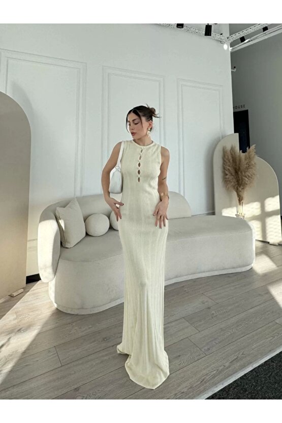 Kalın Fitilli Uzun Triko Elbise - Kırık Beyaz