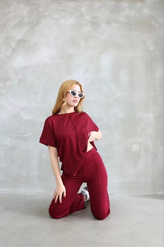 Osy Modal Yumuşak dokulu Kumaş Bisiklet Yaka Kısa Kollu Takım - Bordo