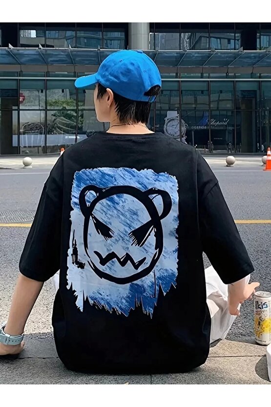 201 Penye Compack Bisiklet Yaka Kore tarzı sevimli ayı baskı Kısa Kol Erkek t-shirt - Siyah