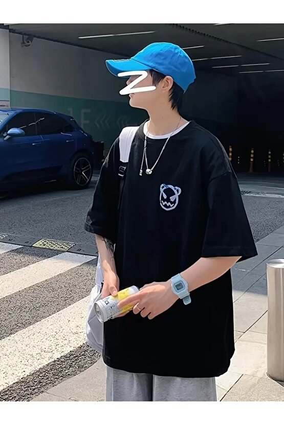 201 Penye Compack Bisiklet Yaka Kore tarzı sevimli ayı baskı Kısa Kol Erkek t-shirt - Siyah