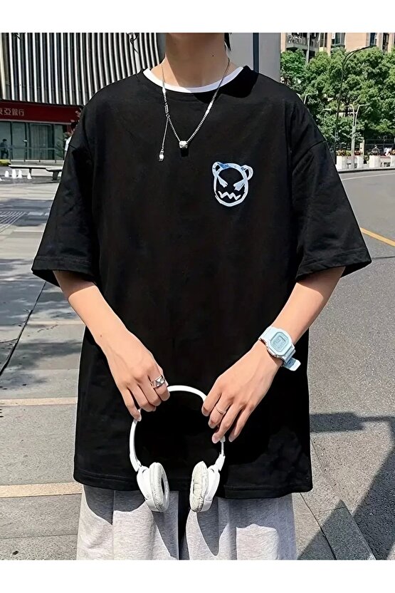 201 Penye Compack Bisiklet Yaka Kore tarzı sevimli ayı baskı Kısa Kol Erkek t-shirt - Siyah