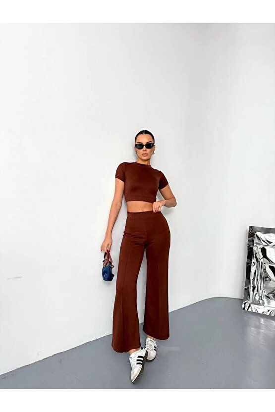 Osy Modal Yumuşak Dokulu Kumaş Kısa Kollu Crop Alt ispanyol Paça Pantalon ikili Takım - Kahverengi