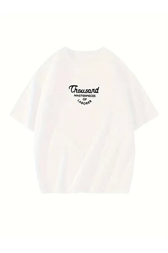 Thousand Ön Arka Baskılı Oversize Bisiklet Yaka T-shirt - Beyaz