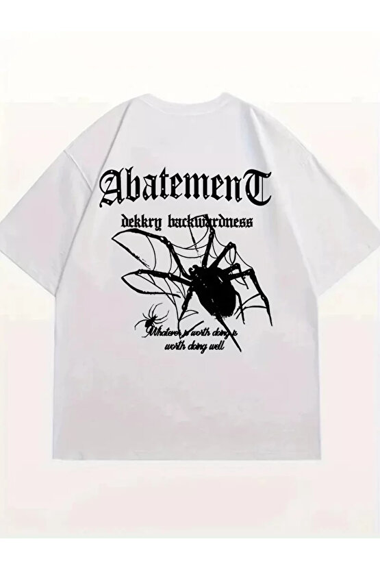 Örümcek Ağı Desenli Baskılı Oversize Bisiklet Yaka T-shirt - Beyaz